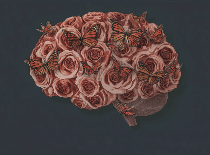 Flat layout of human brain anatomy with colorful fresh flower on green background. Mental health care, positive thinking and creative idea concept. brain flowers in concept on fabric. Generated by Ai